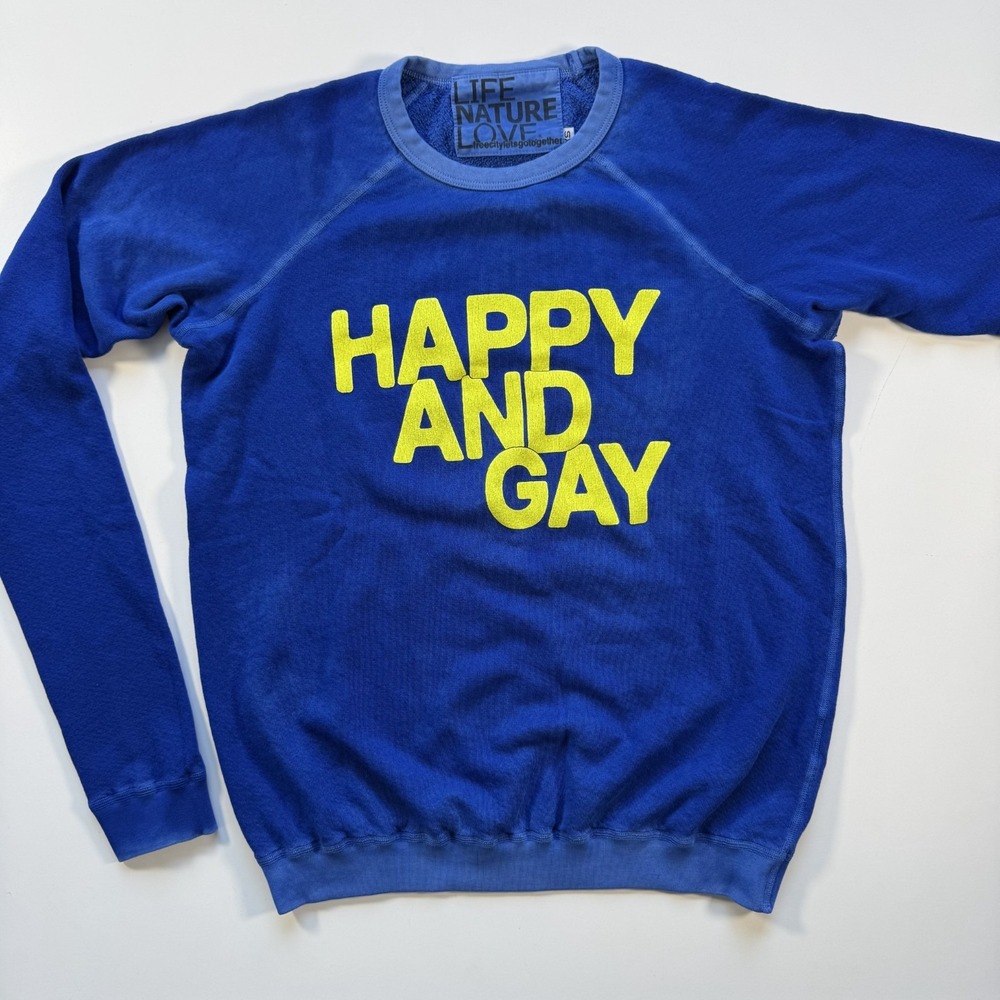 FREE CITY Happy And Gay Raglan Sweatshirt Unisex XS Electric Blue Made in USA
